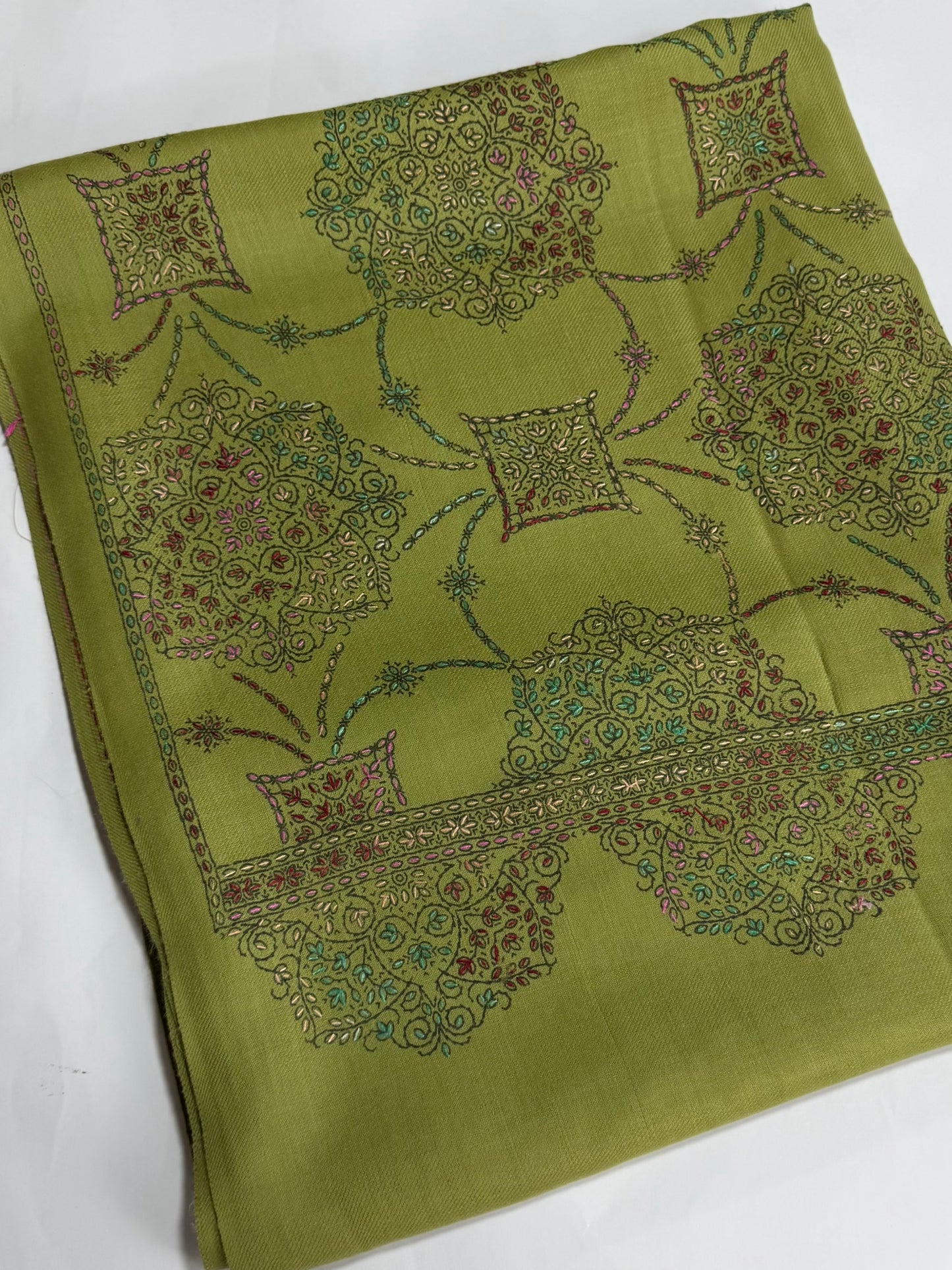 Pashmina Shawl Jaal | Hand Embroidery and Print Beautiful Shawl in Sale | Apple Green