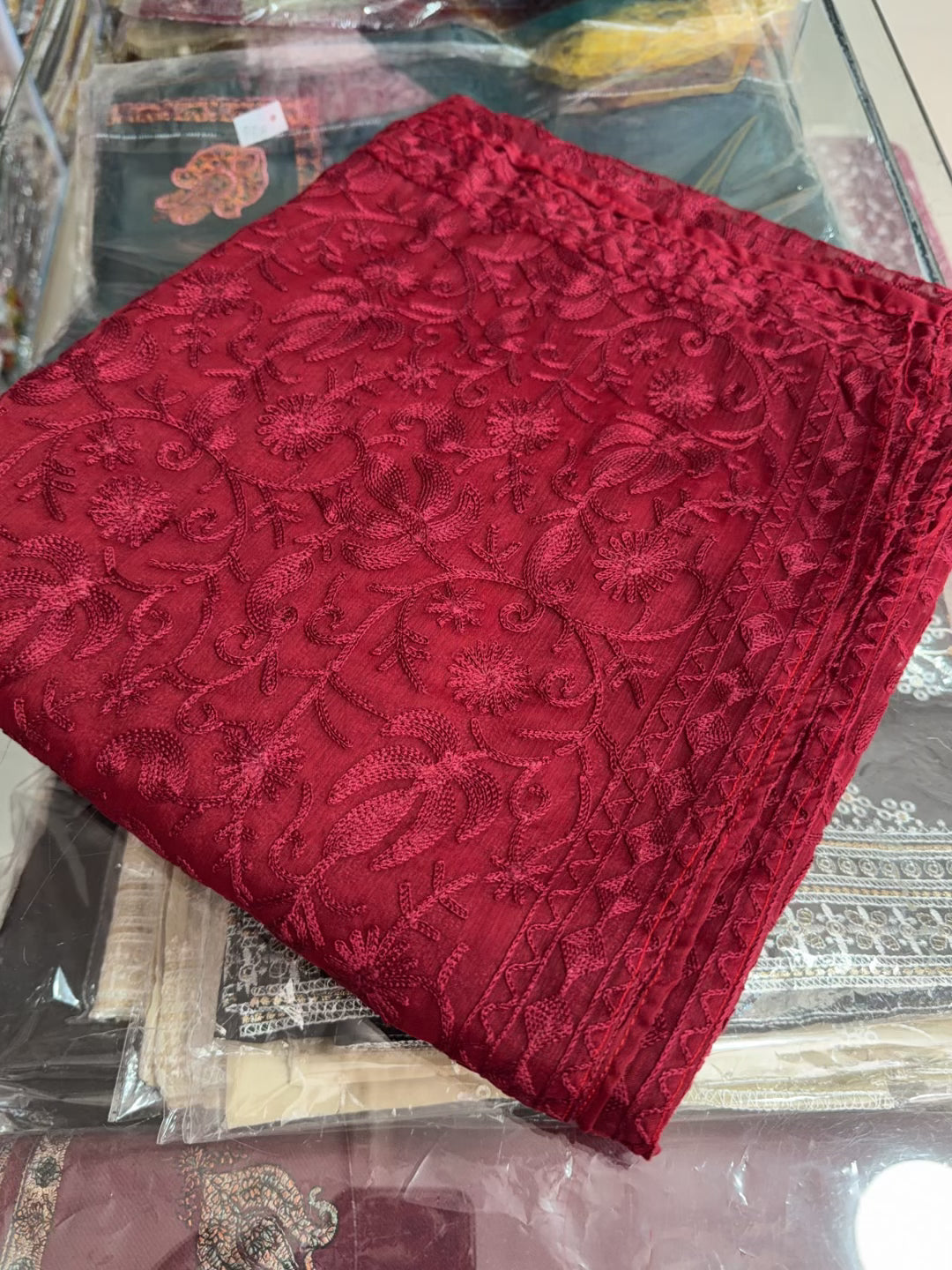 Crinkle Chiffon Kashmiri Jaal Embroidered Dupatta | Maroon