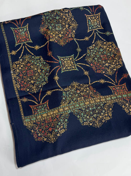 Pashmina Shawl Jaal | Hand Embroidery and Print Beautiful Shawl in Sale | Navy Blue