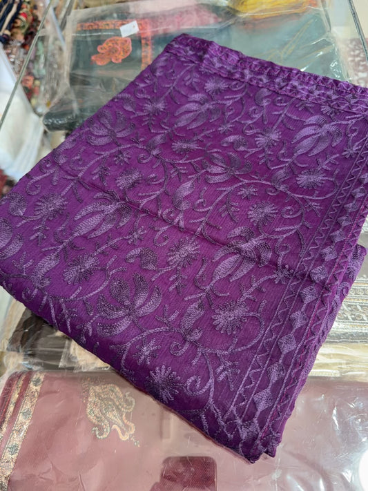 Crinkle Chiffon Kashmiri Jaal Embroidered Dupatta | Dark Purple