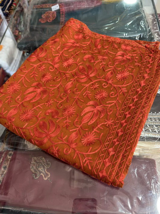 Crinkle Chiffon Kashmiri Jaal Embroidered Dupatta | Rust