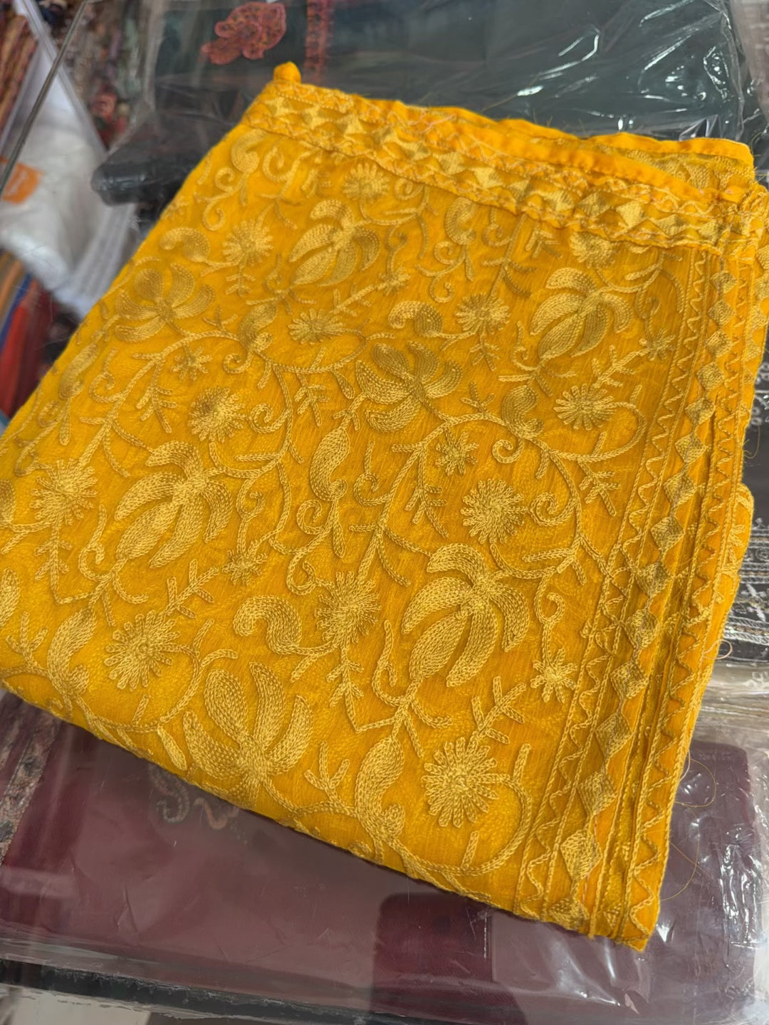 Crinkle Chiffon Kashmiri Jaal Embroidered Dupatta | Mustard Yellow
