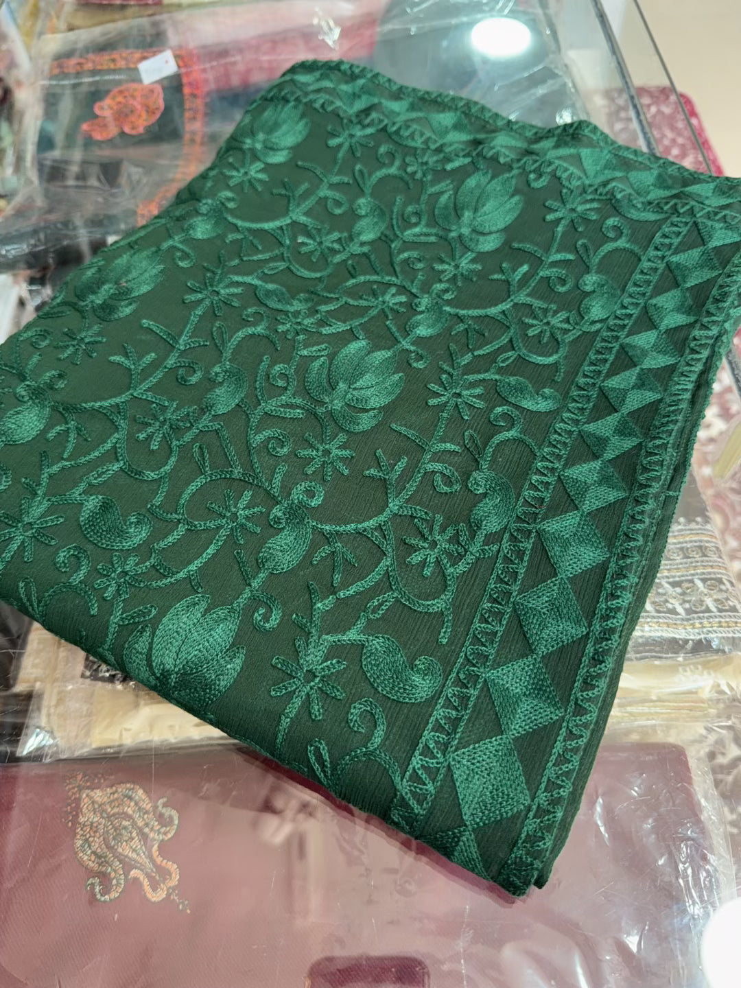 Crinkle Chiffon Kashmiri Jaal Embroidered Dupatta | Dark Green