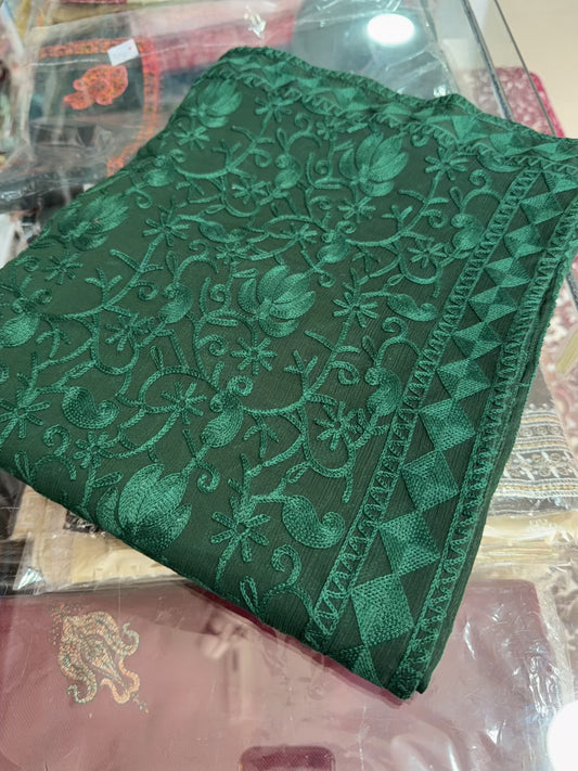 Crinkle Chiffon Kashmiri Jaal Embroidered Dupatta | Dark Green