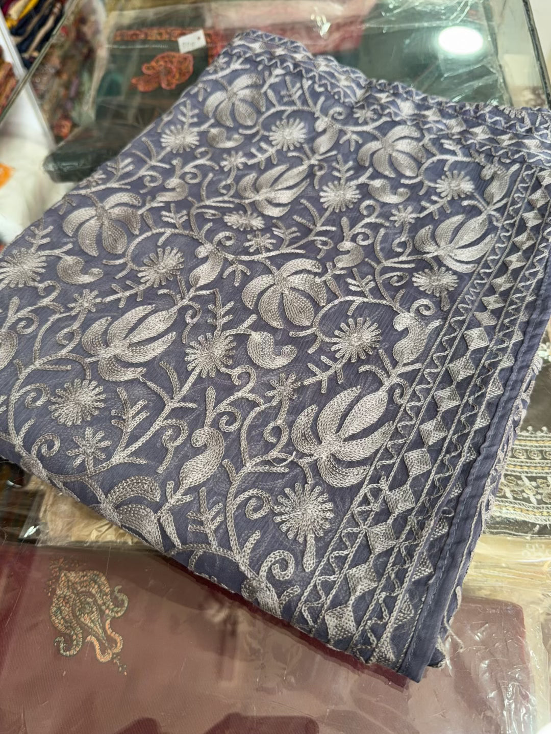 Crinkle Chiffon Kashmiri Jaal Embroidered Dupatta | Grey