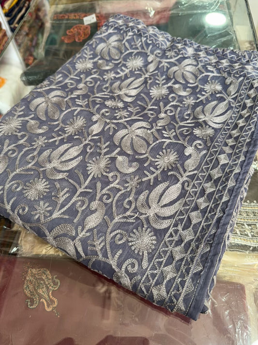 Crinkle Chiffon Kashmiri Jaal Embroidered Dupatta | Grey