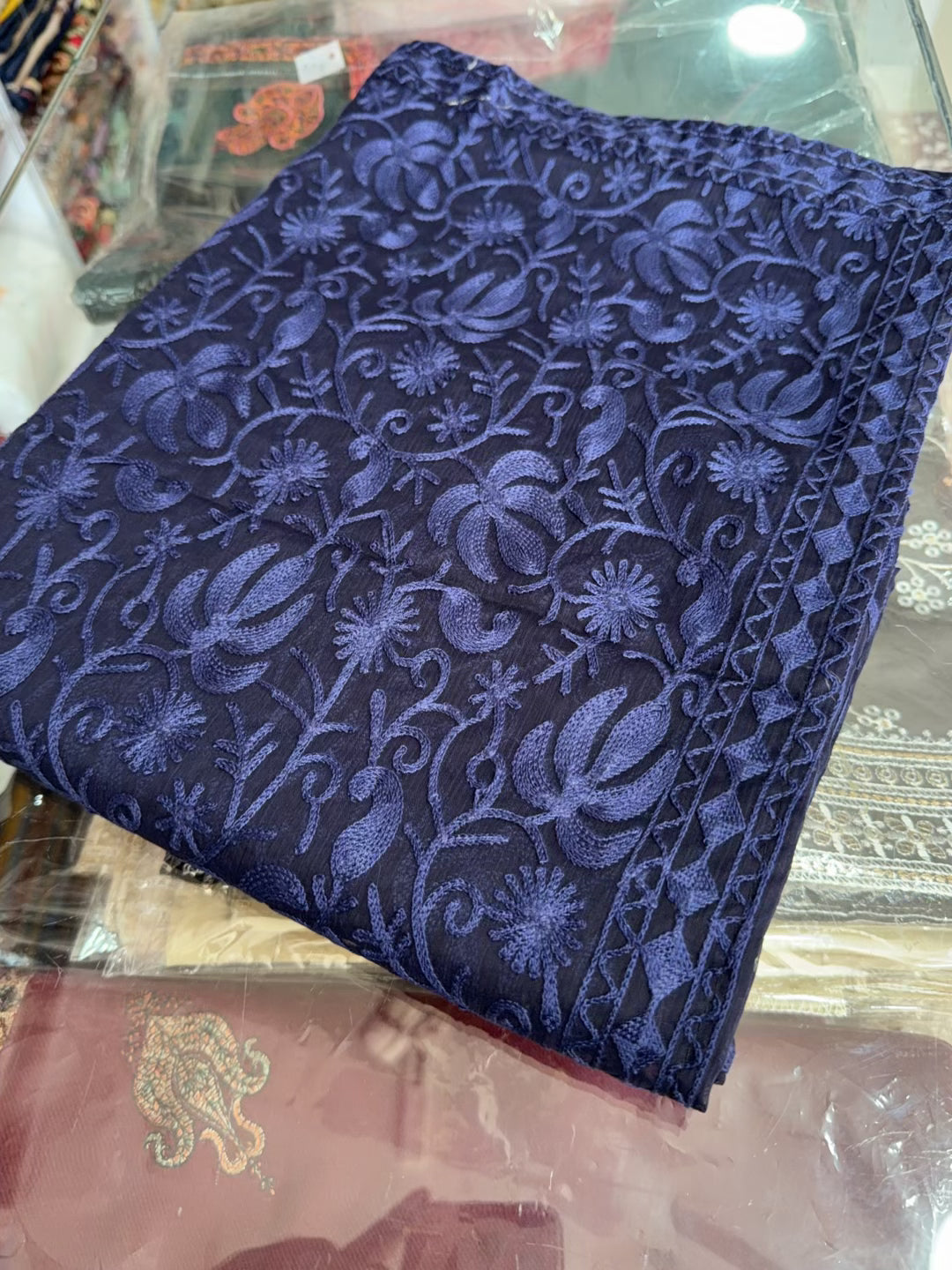 Crinkle Chiffon Kashmiri Jaal Embroidered Dupatta | Navy Blue