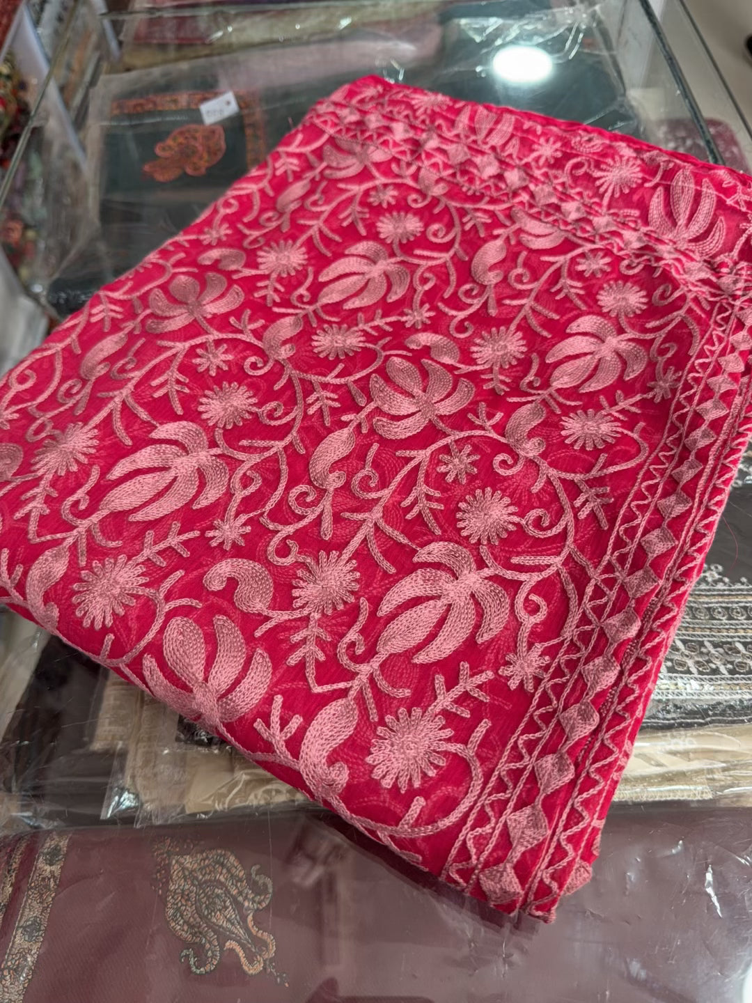 Crinkle Chiffon Kashmiri Jaal Embroidered Dupatta | Shocking Pink