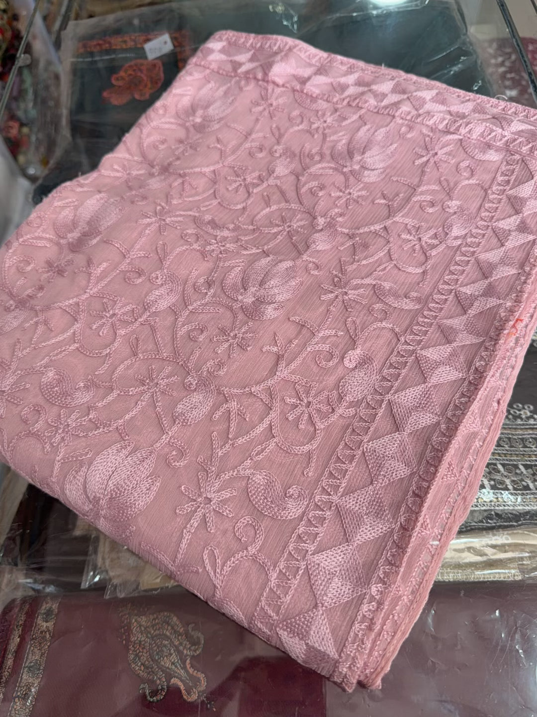 Crinkle Chiffon Kashmiri Jaal Embroidered Dupatta | Light Pink