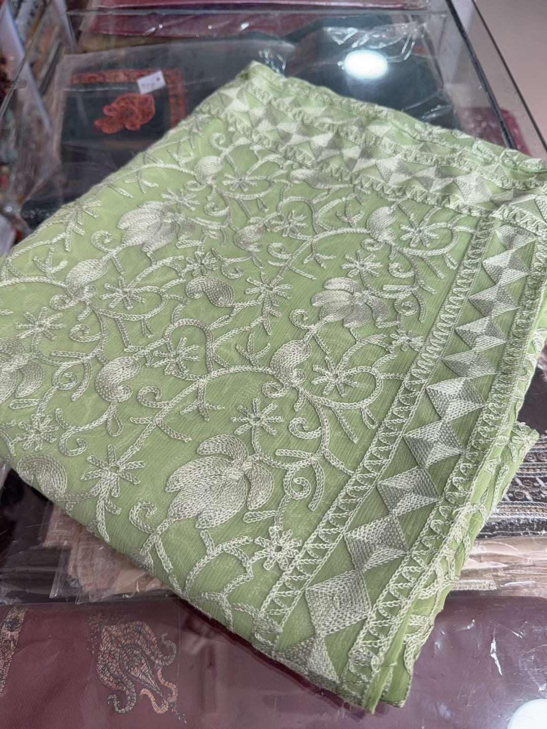 Crinkle Chiffon Kashmiri Jaal Embroidered Dupatta | Pista Green