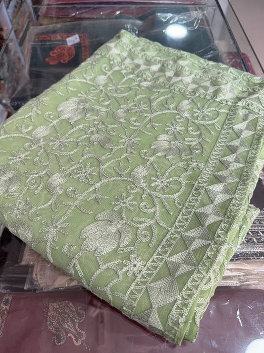 Crinkle Chiffon Kashmiri Jaal Embroidered Dupatta | Pista Green