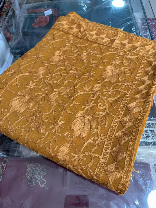 Crinkle Chiffon Kashmiri Jaal Embroidered Dupatta | Mustard