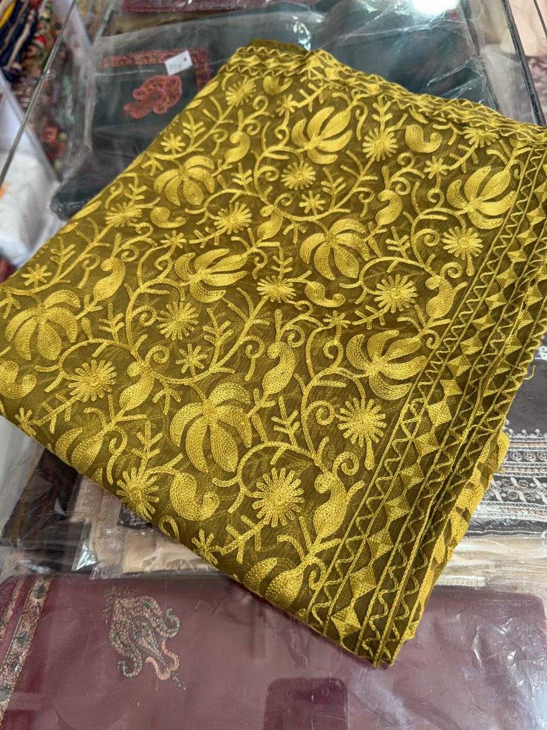 Crinkle Chiffon Kashmiri Jaal Embroidered Dupatta | Mehndi Green