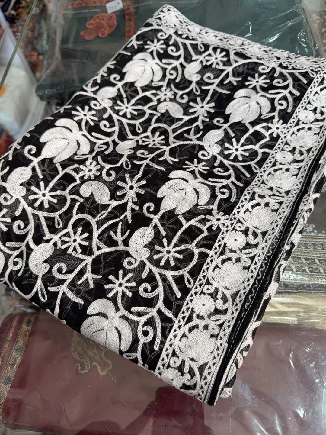 Crinkle Chiffon Kashmiri Jaal Embroidered Dupatta | Black With White
