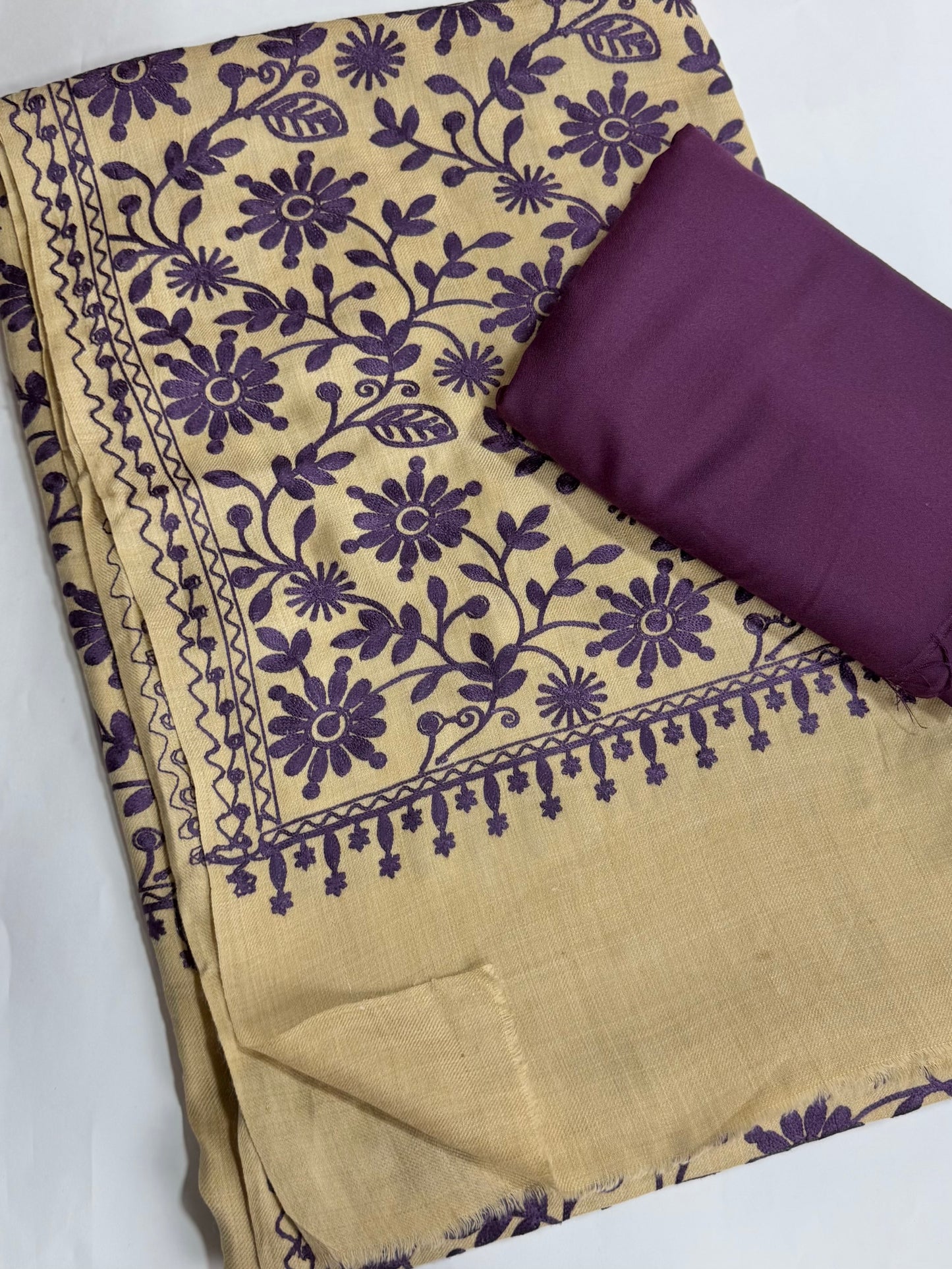 Pashmina 3 Piece Suit | Embroidered Shawl with Plain Suit Marina | Purple