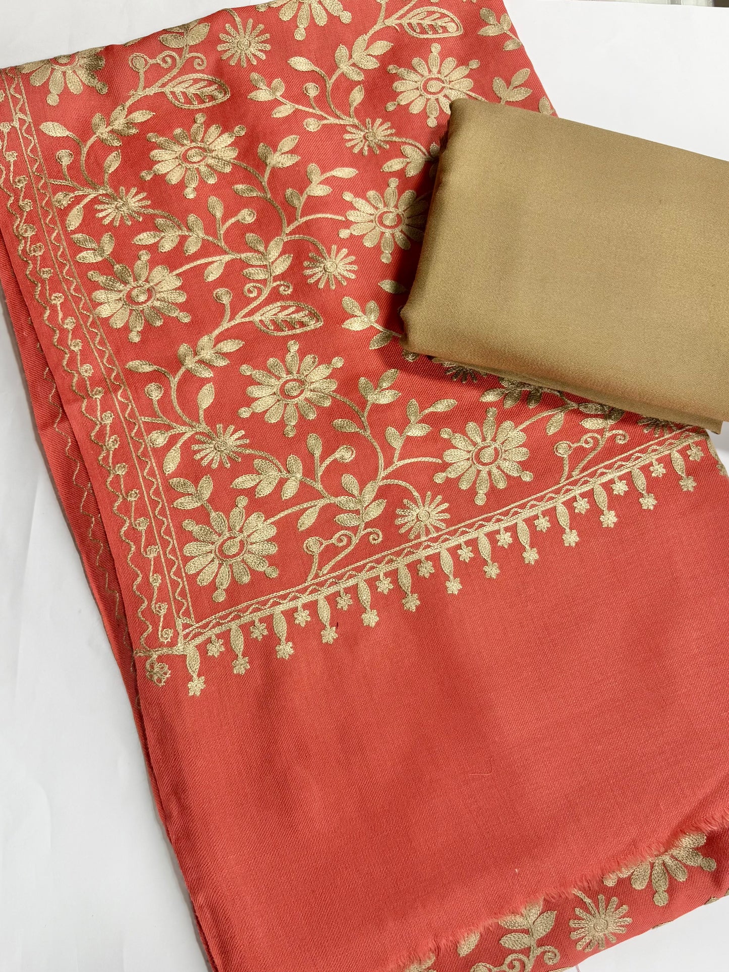 Pashmina 3 Piece Suit | Embroidered Shawl with Plain Suit Marina | Skin With Pink