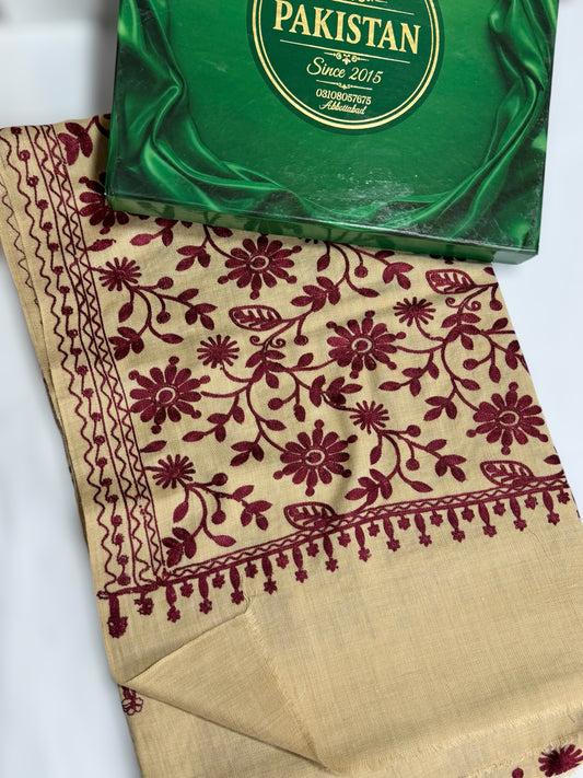 Pashmina Embroidered Shawl Flower Design | Skin Maroon