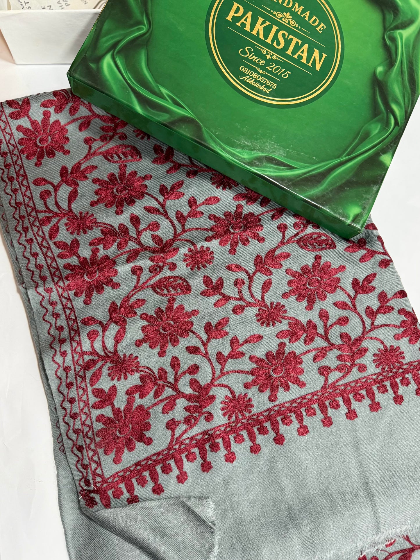 Pashmina Embroidered Shawl Flower Design | Grey Maroon