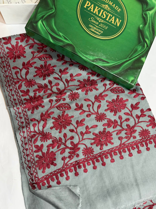 Pashmina Embroidered Shawl Flower Design | Grey Maroon