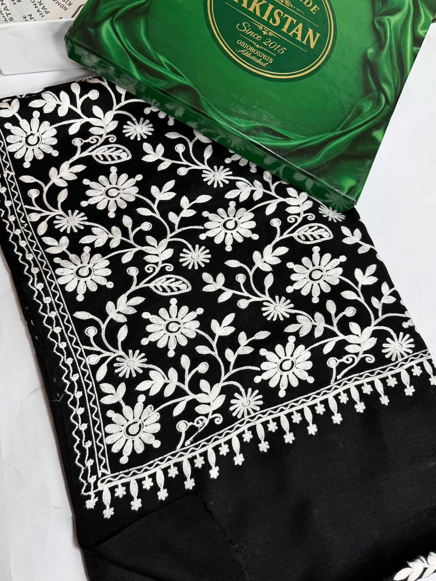 Pashmina Embroidered Shawl Flower Design | Black White