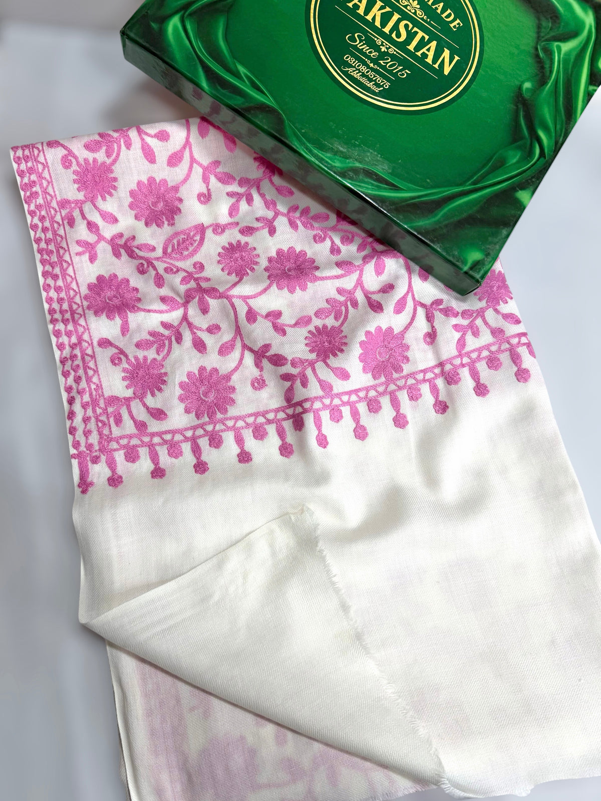 Pashmina Embroidered Shawl Flower Design | White Pink