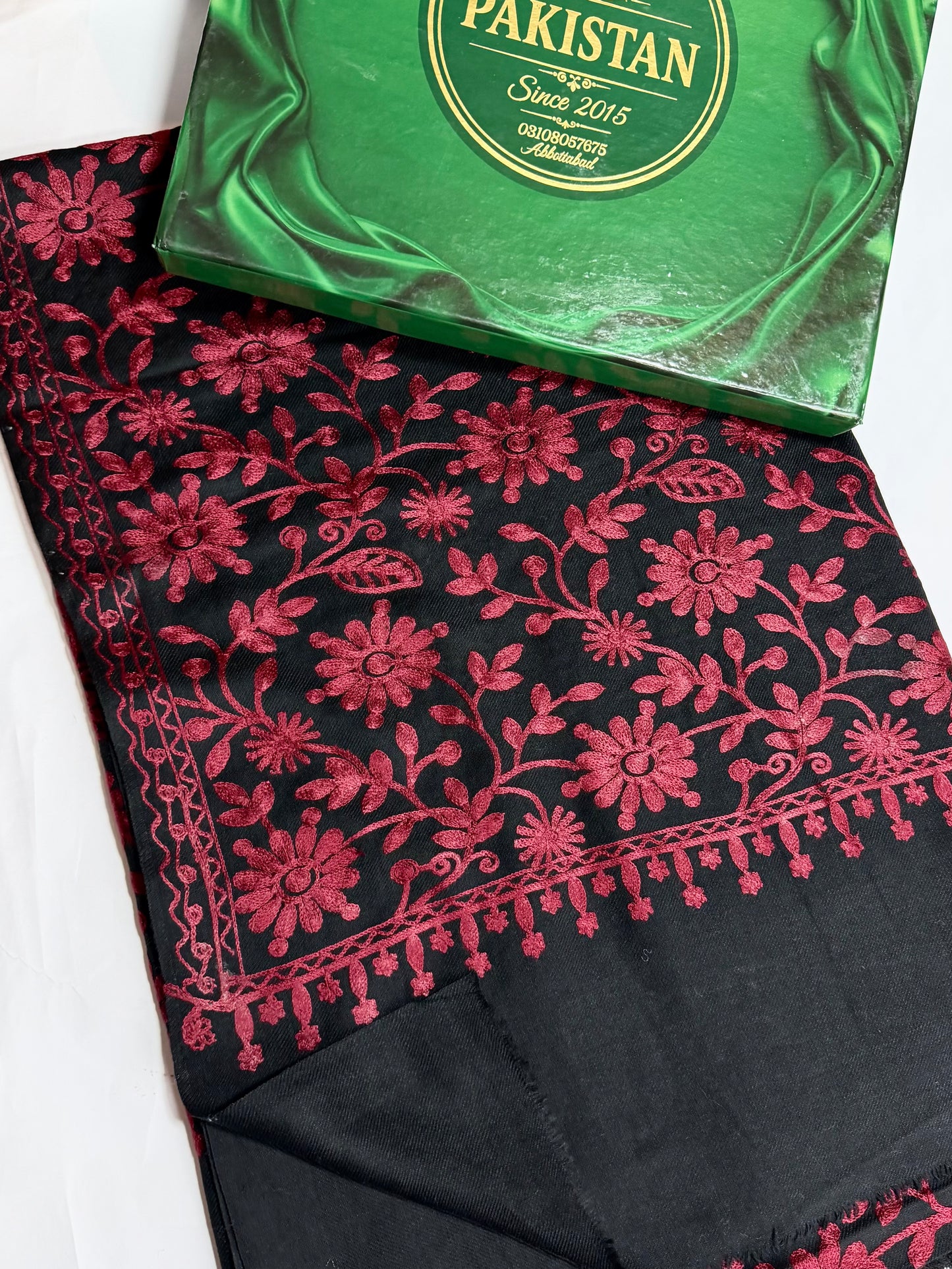 Pashmina Embroidered Shawl Flower Design | Black Maroon