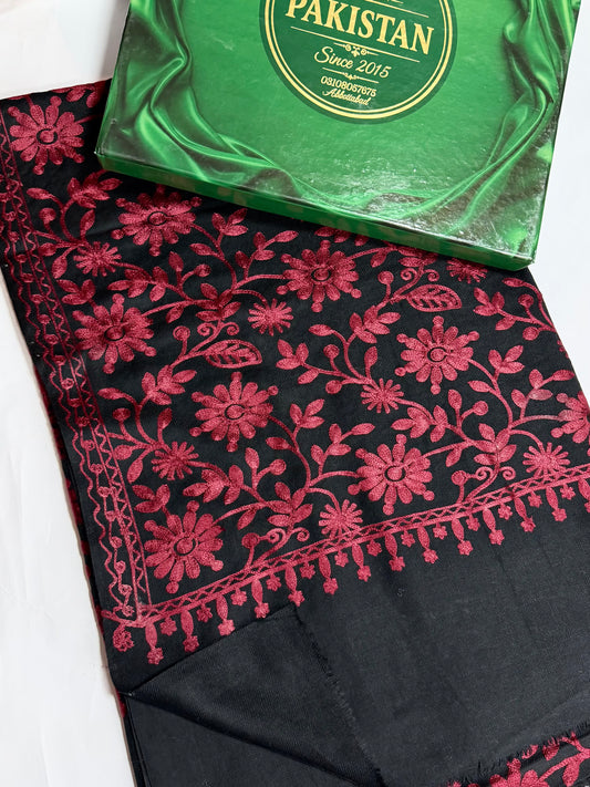 Pashmina Embroidered Shawl Flower Design | Black Maroon