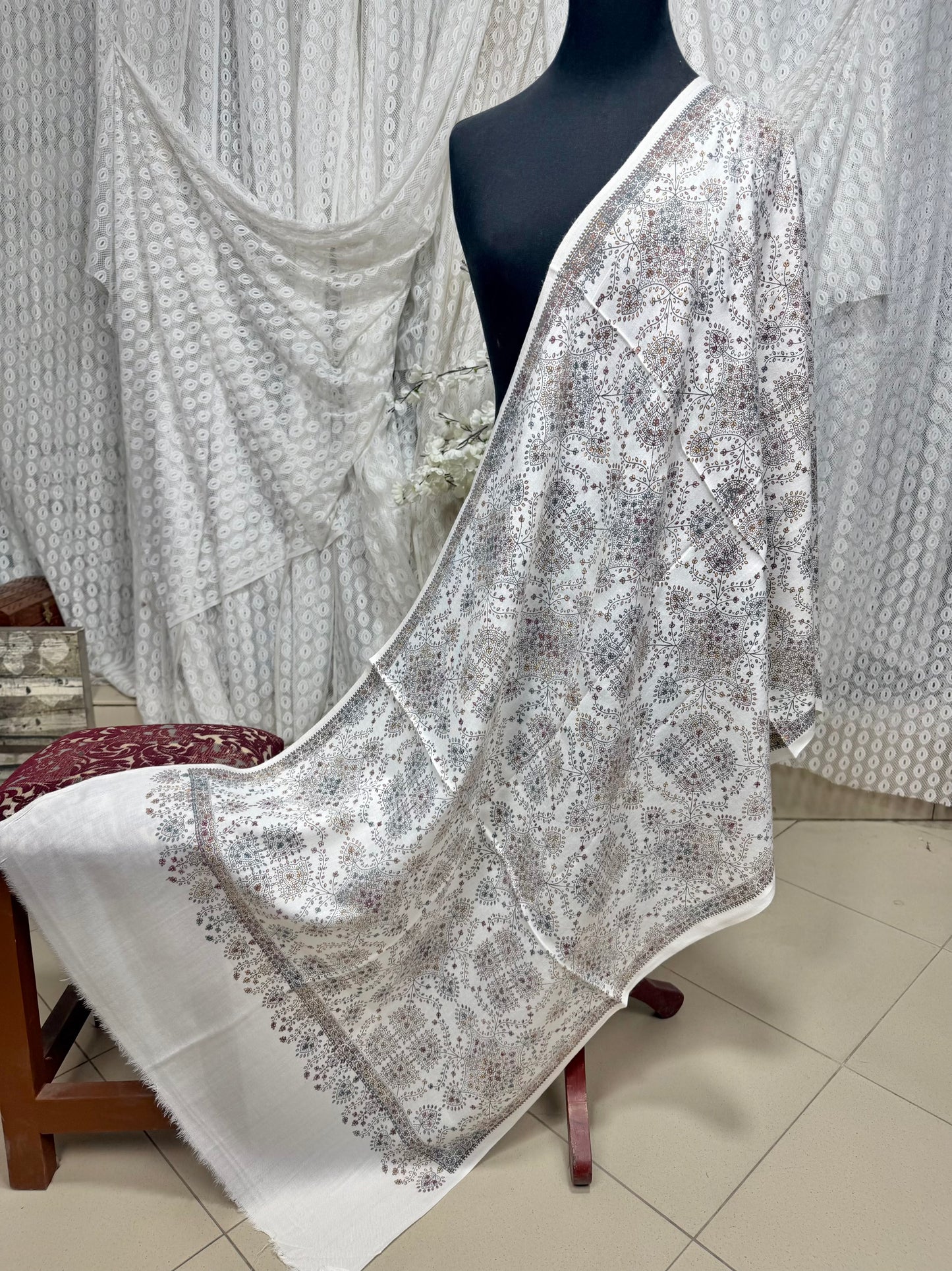 Pashmina Stole | Print and Embroidery in Sale Price Perfect for Gifts | Off White