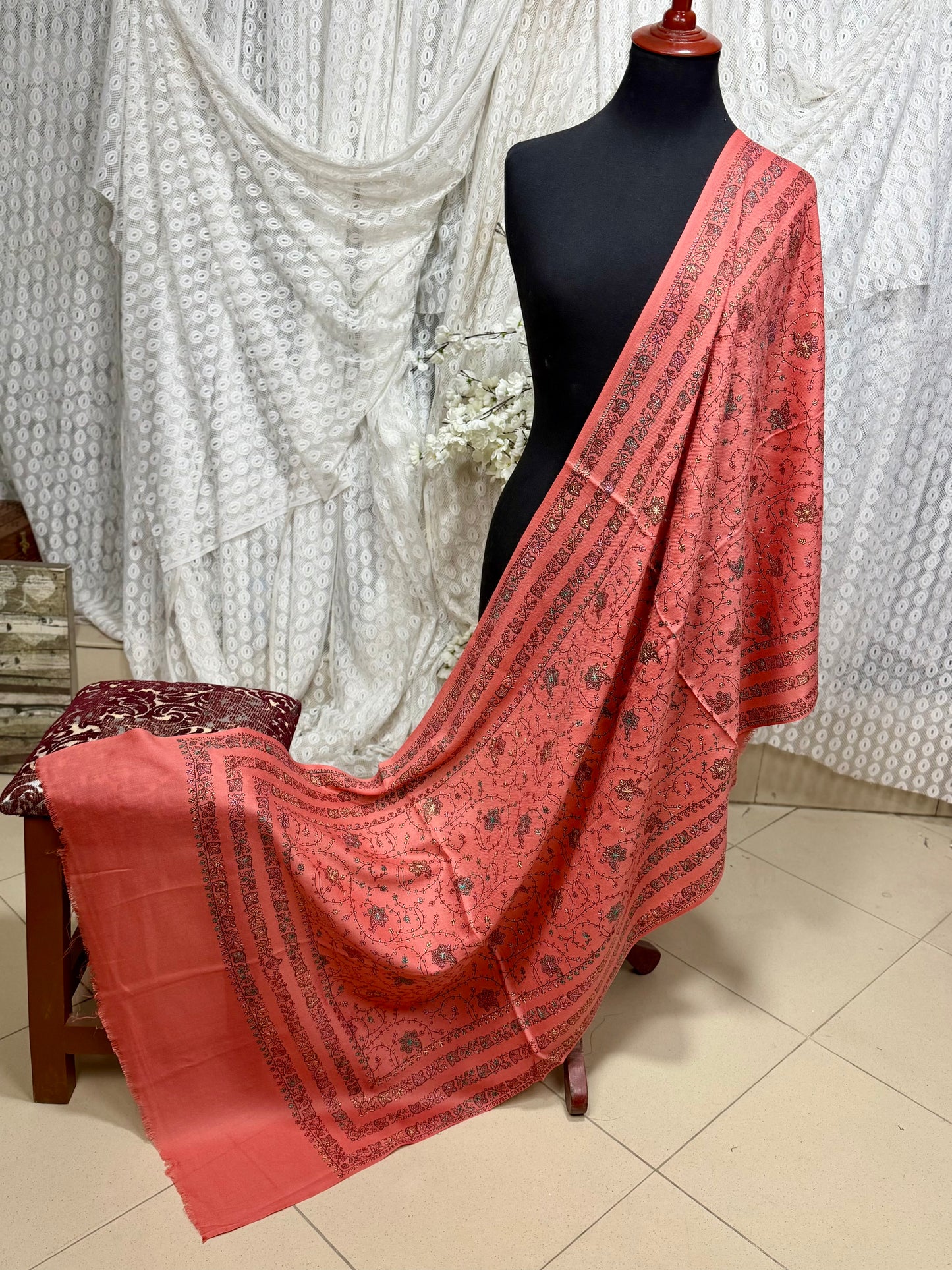 Pashmina Stole | Print and Embroidery in Sale Price Perfect for Gifts | Tea Pink