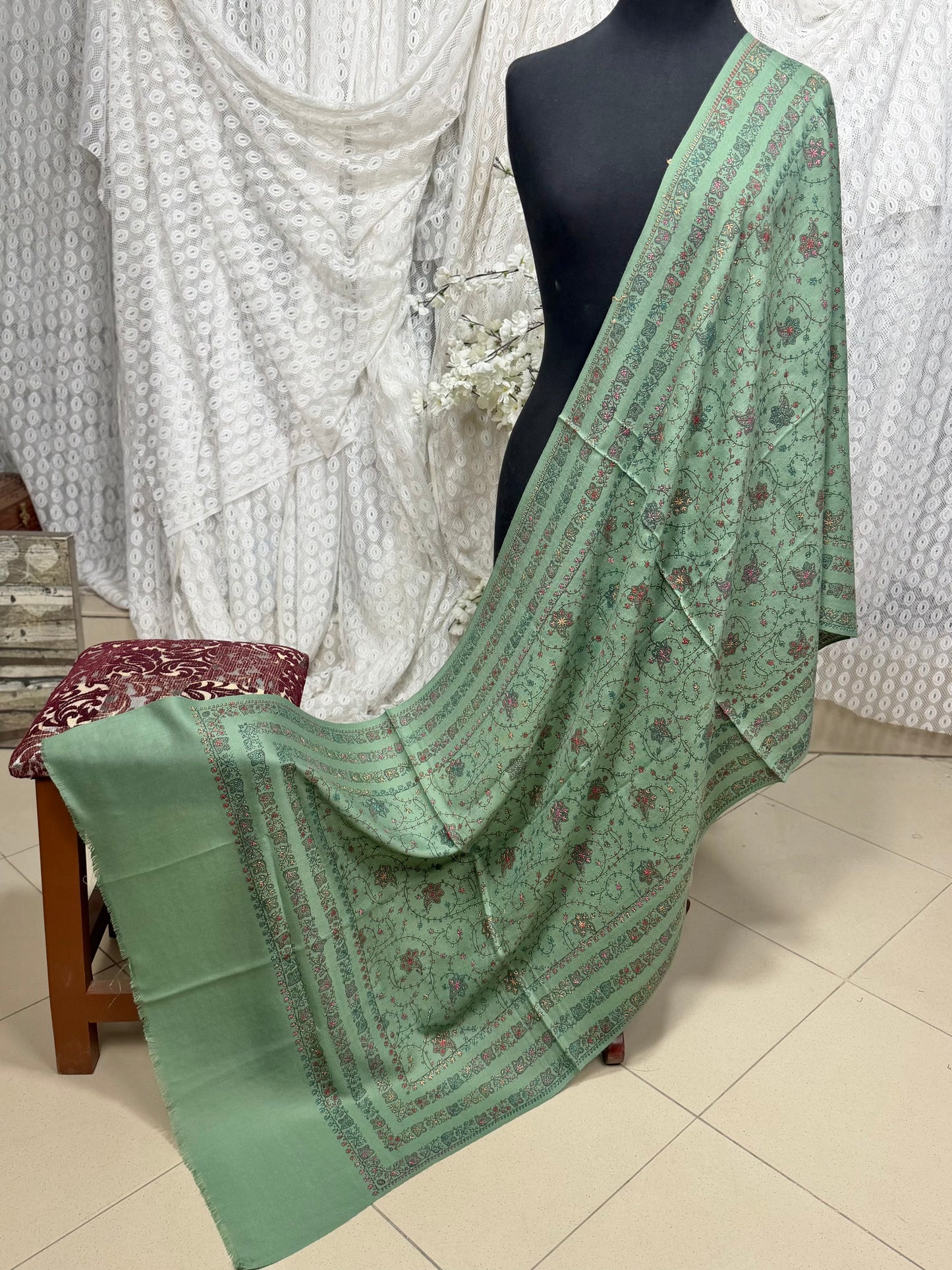 Pashmina Stole | Print and Embroidery in Sale Price Perfect for Gifts | Pista Green