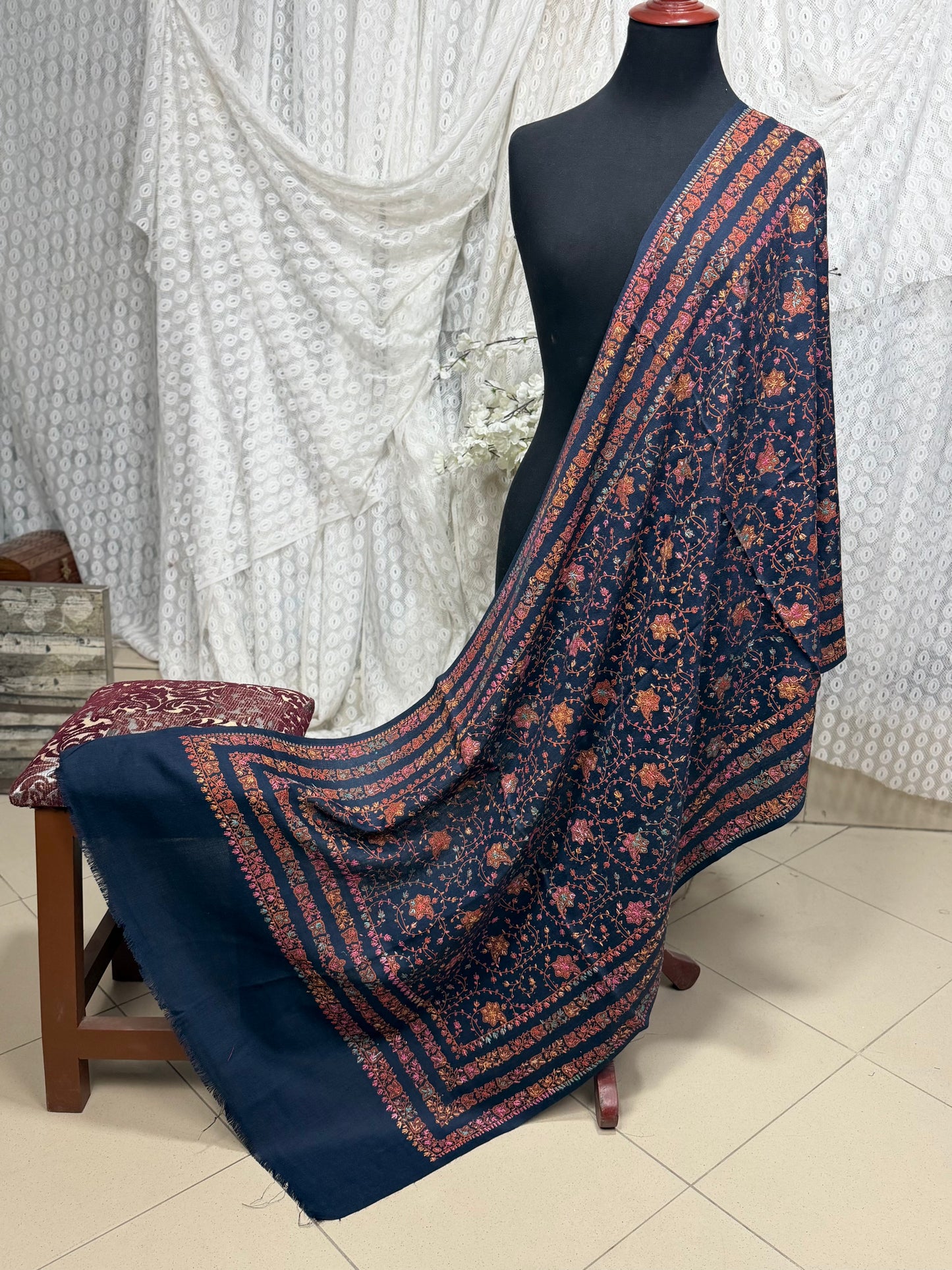 Pashmina Stole | Print and Embroidery in Sale Price Perfect for Gifts | Navy Blue