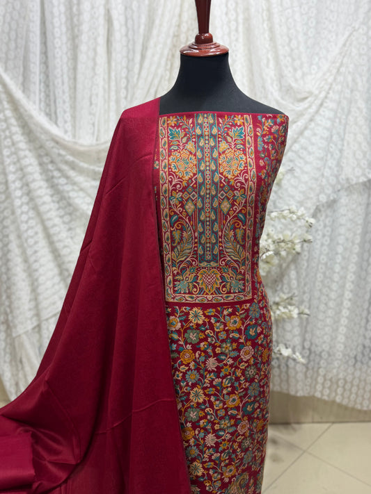 Special Kani Pashmina 3 Piece Unstitched Suit | Maroon