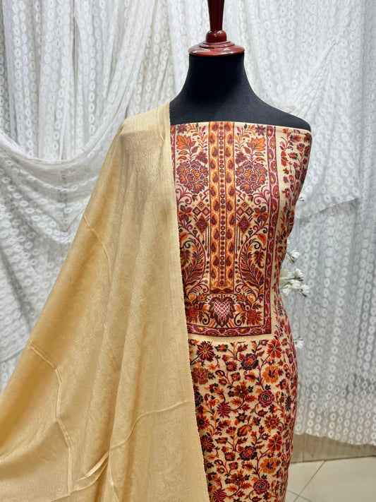 Special Kani Pashmina 3 Piece Unstitched Suit | Beige Skin