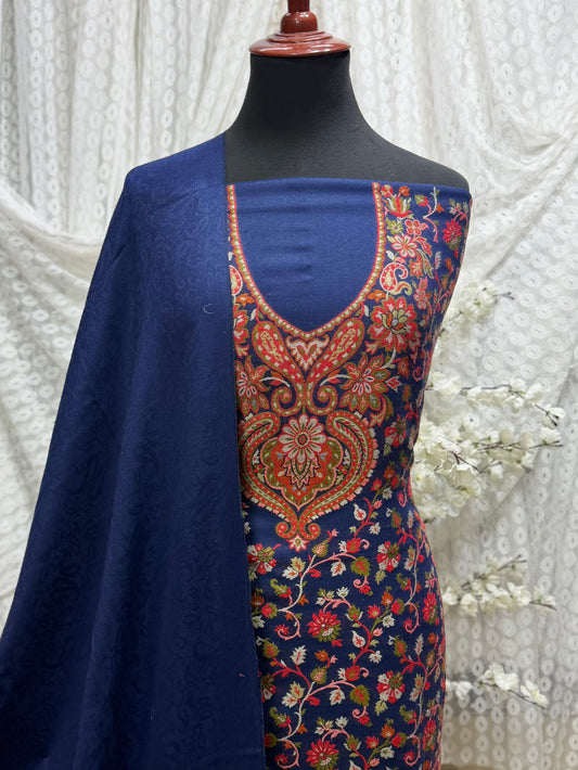 Kani Pashmina 3 Piece Unstitched Suit | Blue