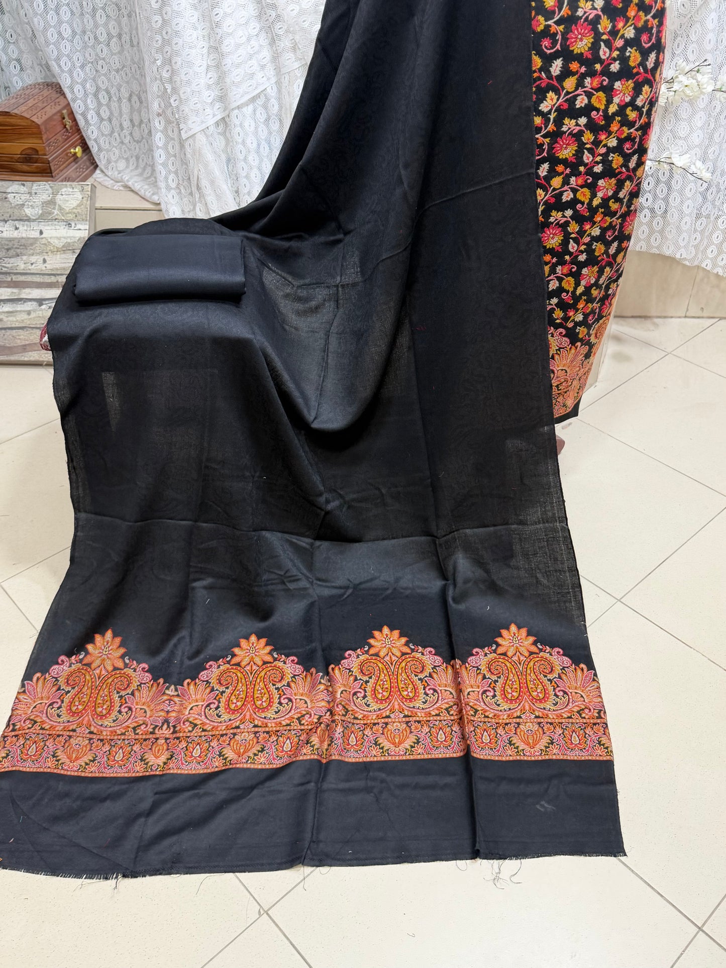 Kani Pashmina 3 Piece Unstitched Suit | Black Jaal