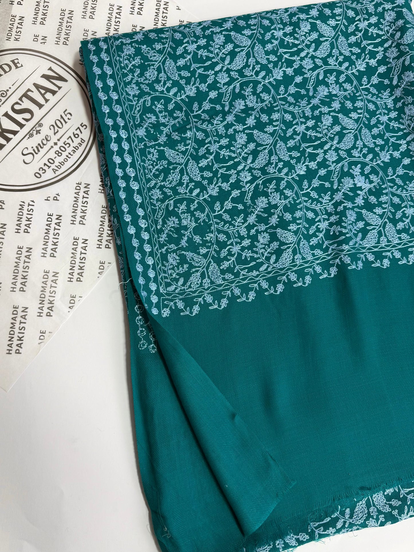 Pashmina Shawl Nalki Aar Work Full Embroidery Single Color Embroidery | Sea Green