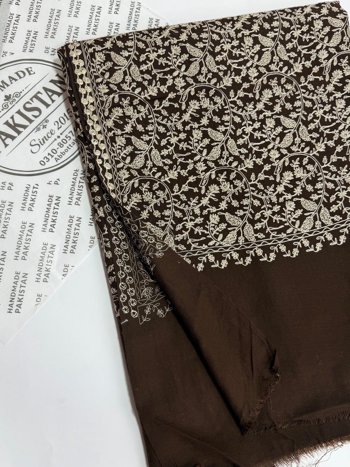 Pashmina Shawl Nalki Aar Work Full Embroidery Single Color Embroidery | Brown
