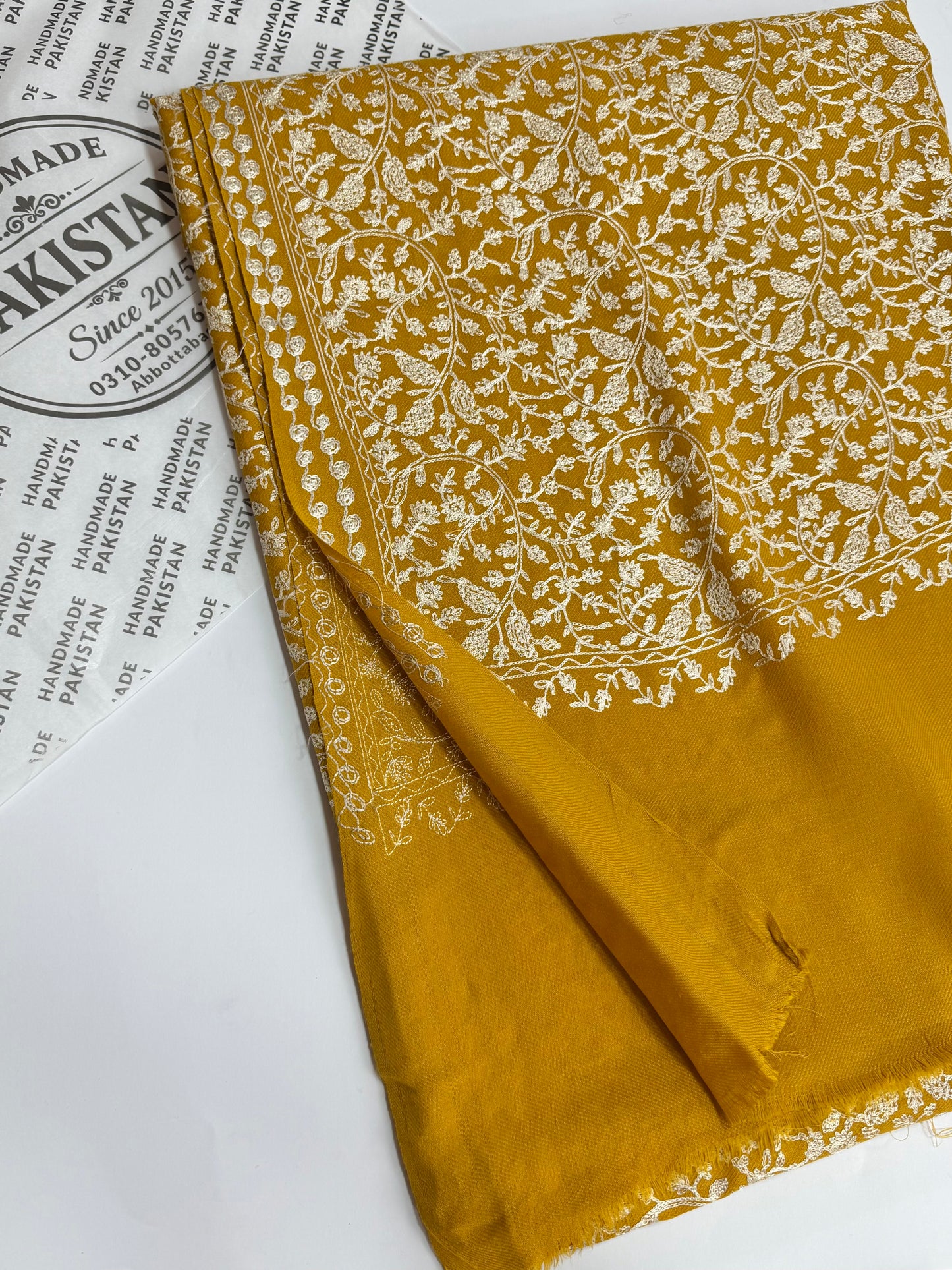 Pashmina Shawl Nalki Aar Work Full Embroidery Single Color Embroidery | Mustard