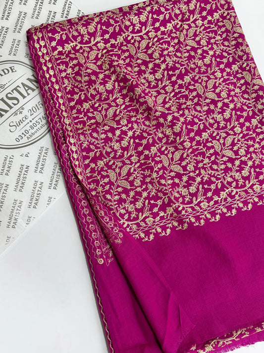 Pashmina Shawl Nalki Aar Work Full Embroidery Single Color Embroidery | Magenta