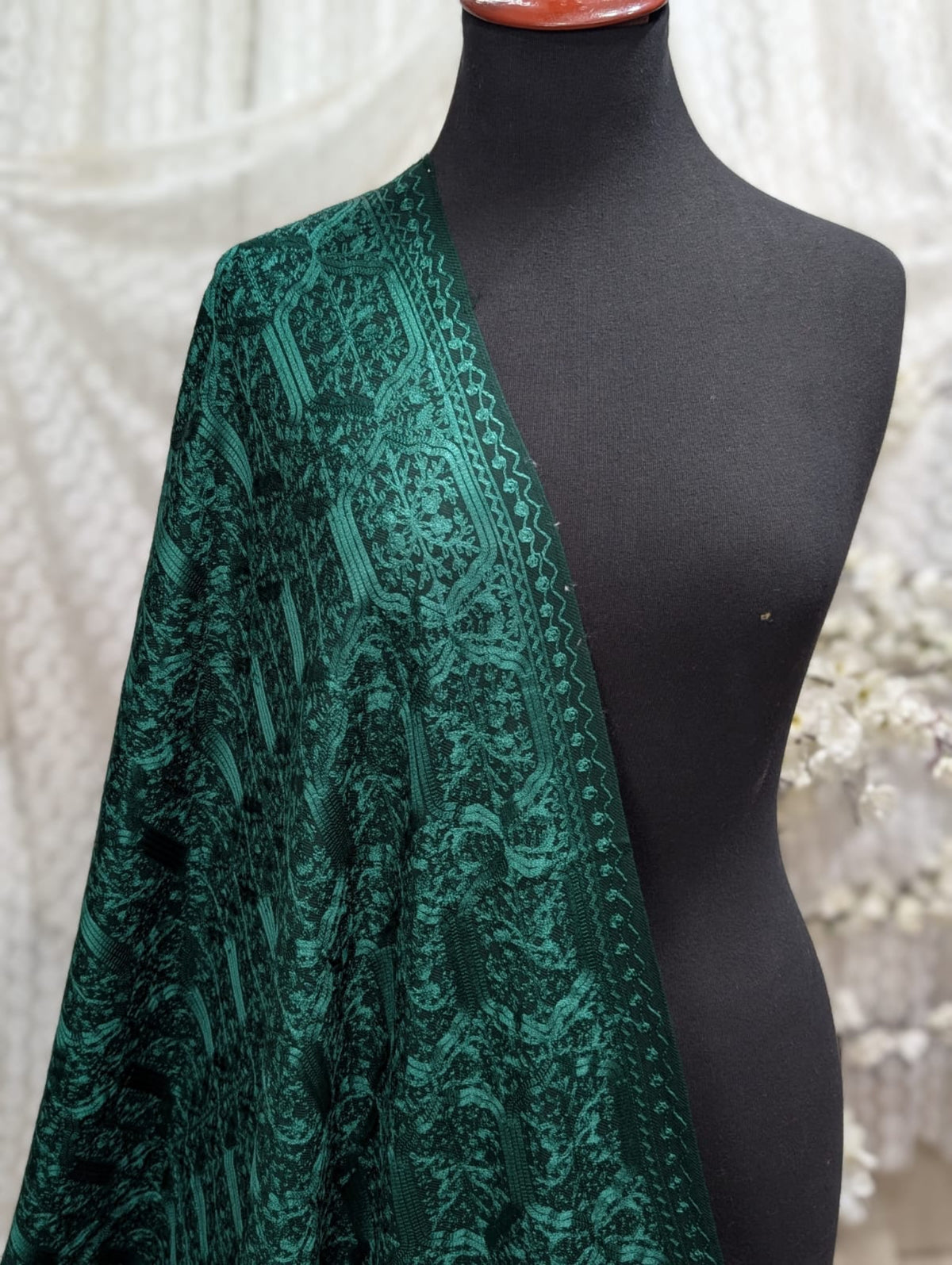 Pashmina Full Embroidered Shawl Nalki Jaal | Green on Green