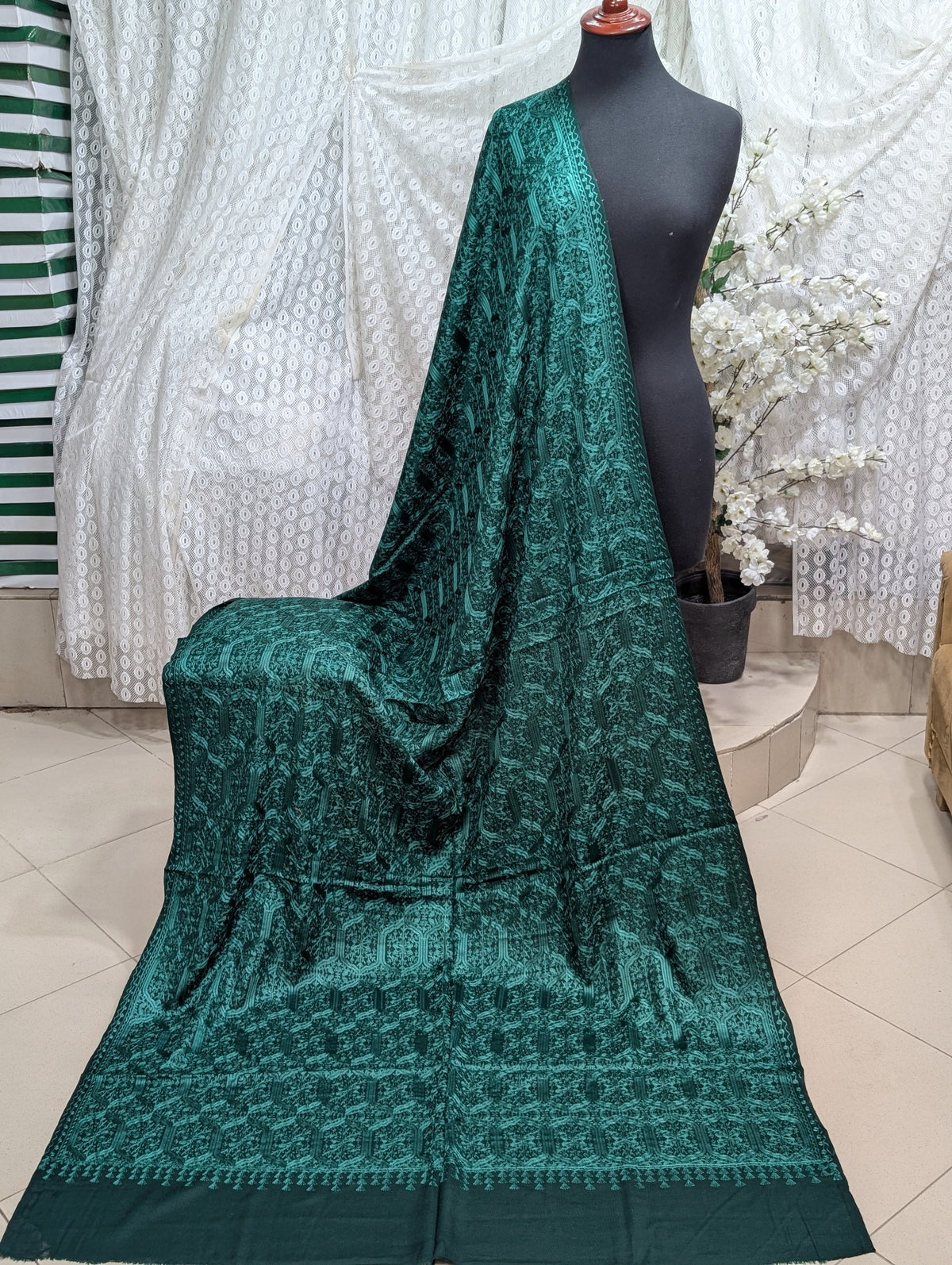 Pashmina Full Embroidered Shawl Nalki Jaal | Green on Green