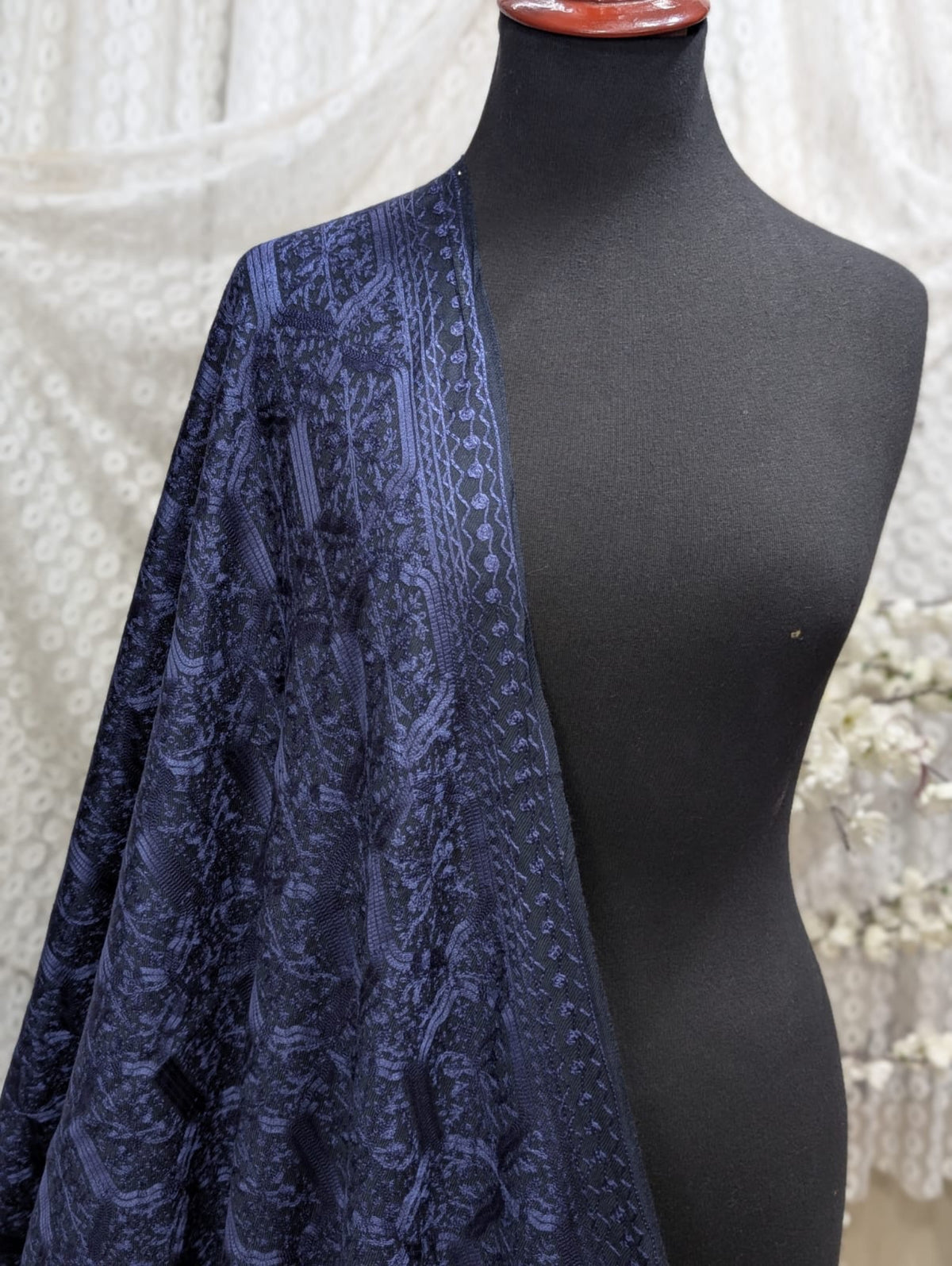 Pashmina Full Embroidered Shawl Nalki Jaal | Blue on Blue