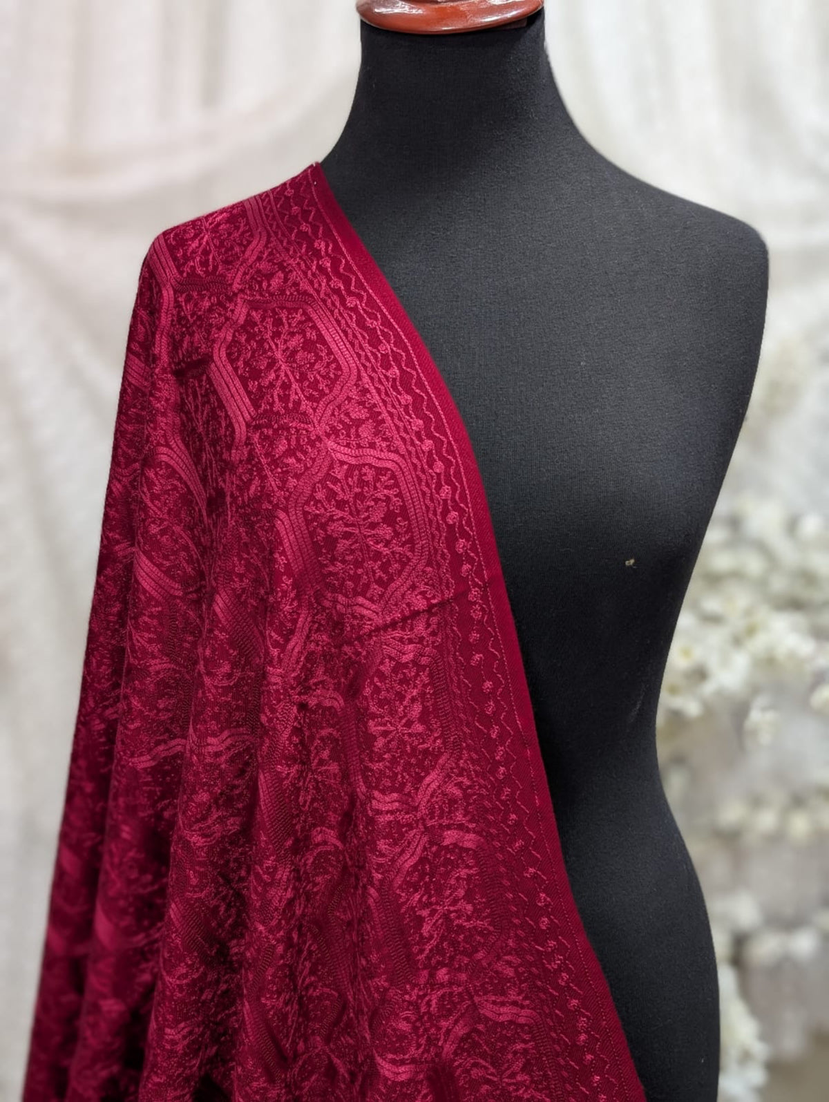 Pashmina Full Embroidered Shawl Nalki Jaal | Maroon on Maroon