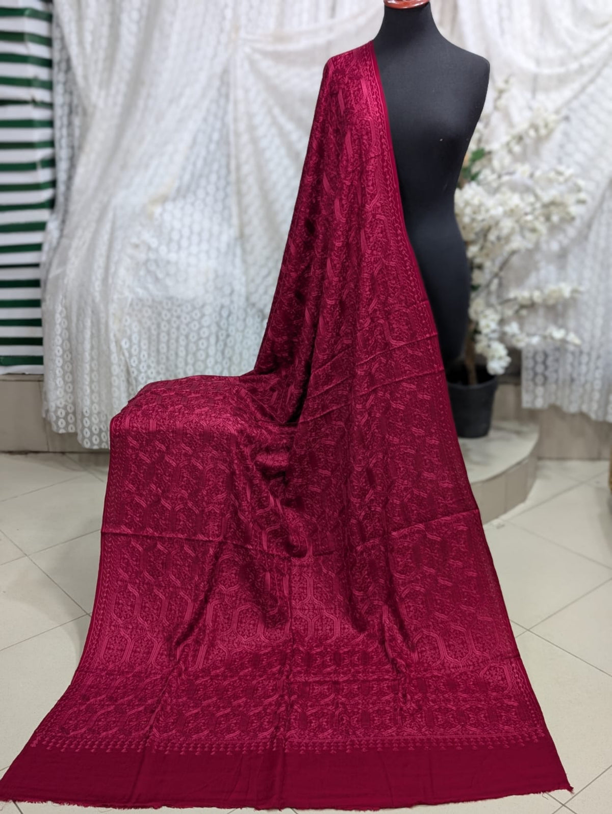 Pashmina Full Embroidered Shawl Nalki Jaal | Maroon on Maroon