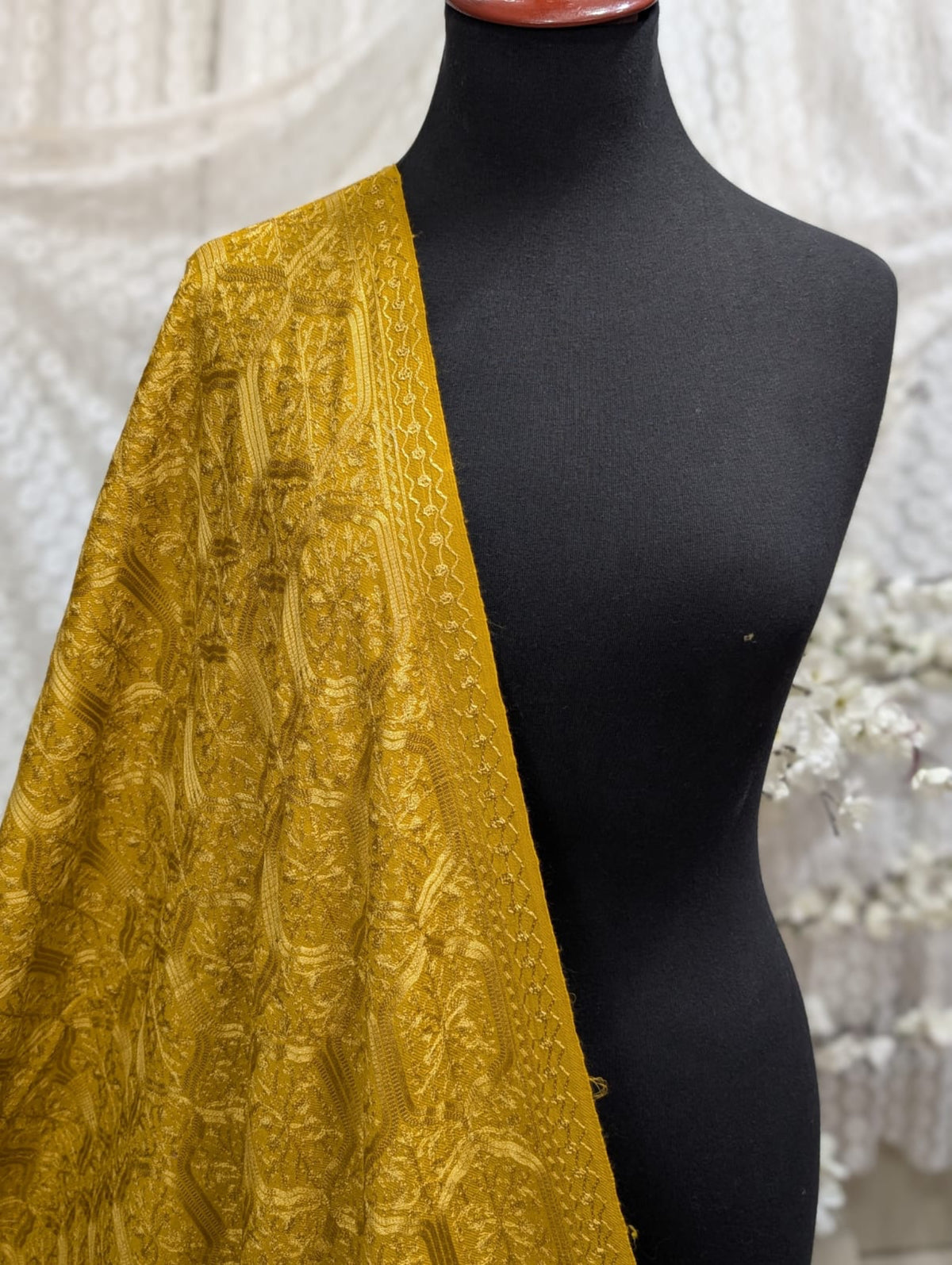 Pashmina Full Embroidered Shawl Nalki Jaal | Mustard on Mustard