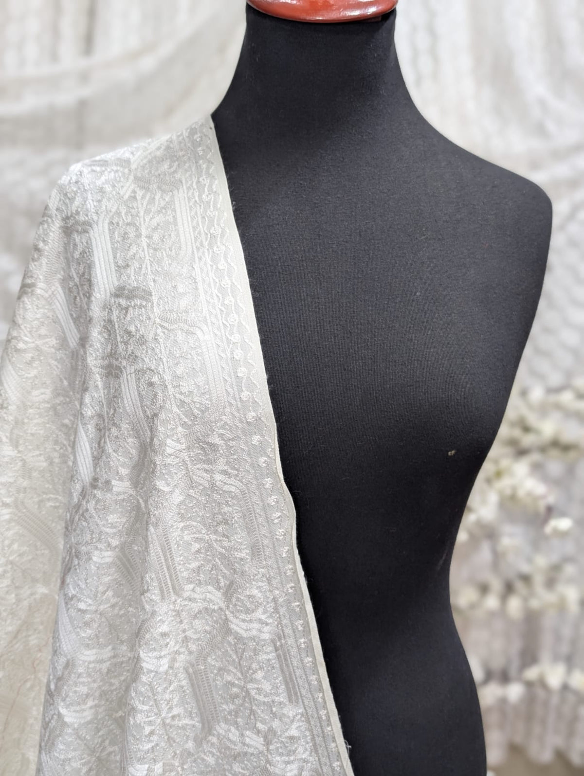 Pashmina Full Embroidered Shawl Nalki Jaal | White on White