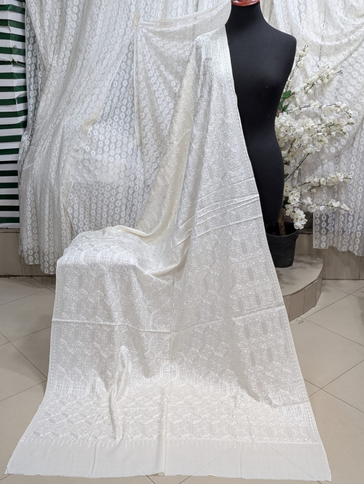Pashmina Full Embroidered Shawl Nalki Jaal | White on White