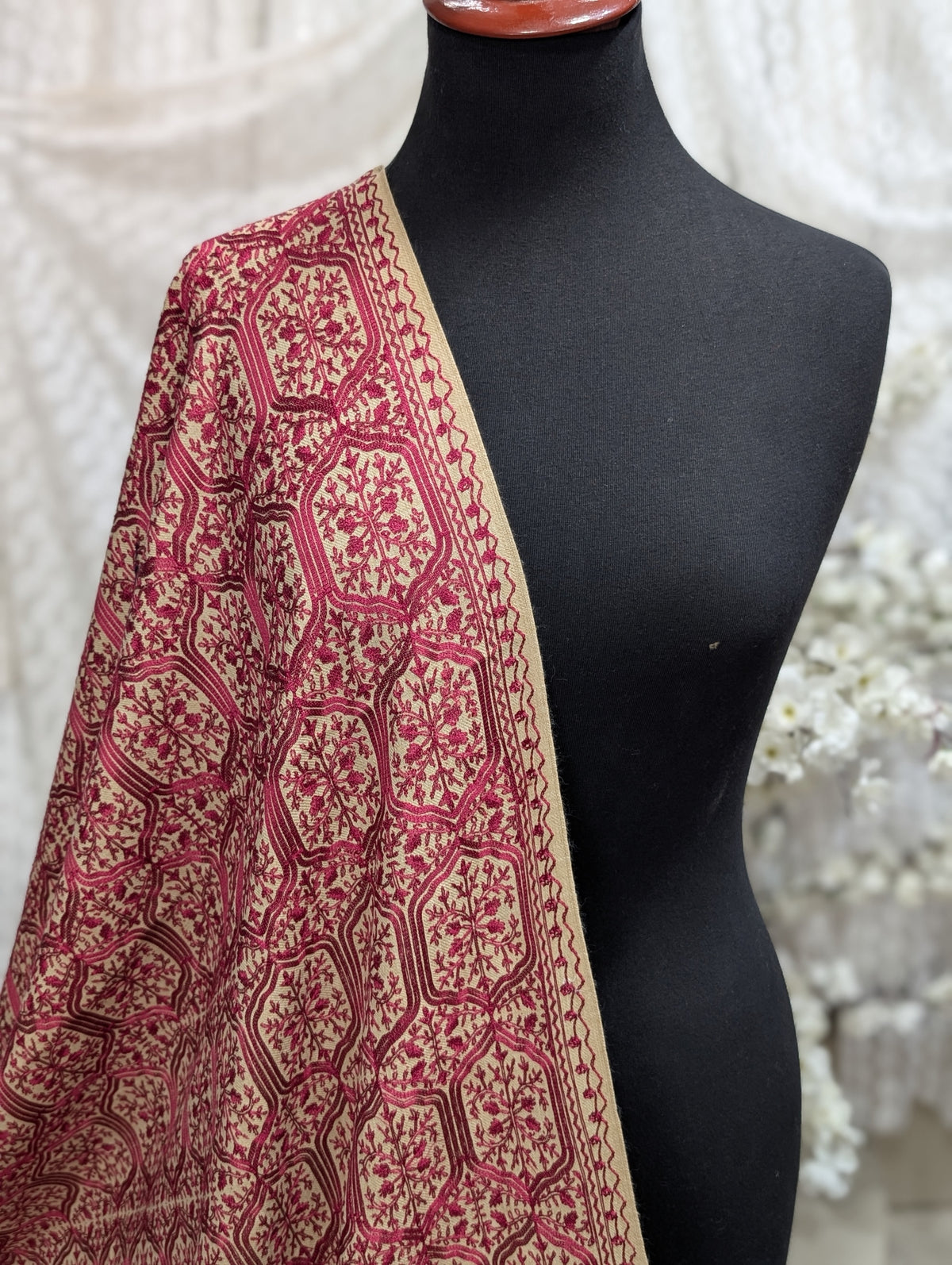 Pashmina Full Embroidered Shawl Nalki Jaal | Maroon on Skin