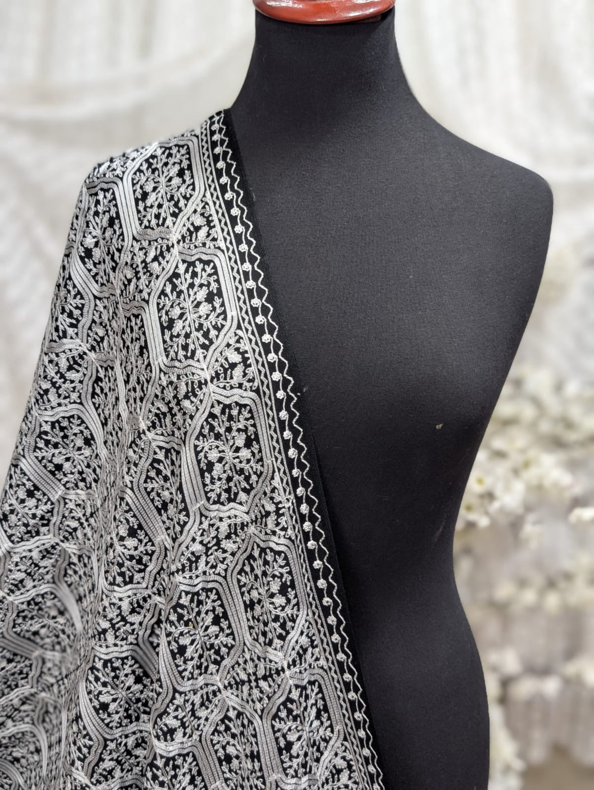 Pashmina Full Embroidered Shawl Nalki Jaal | White on Black