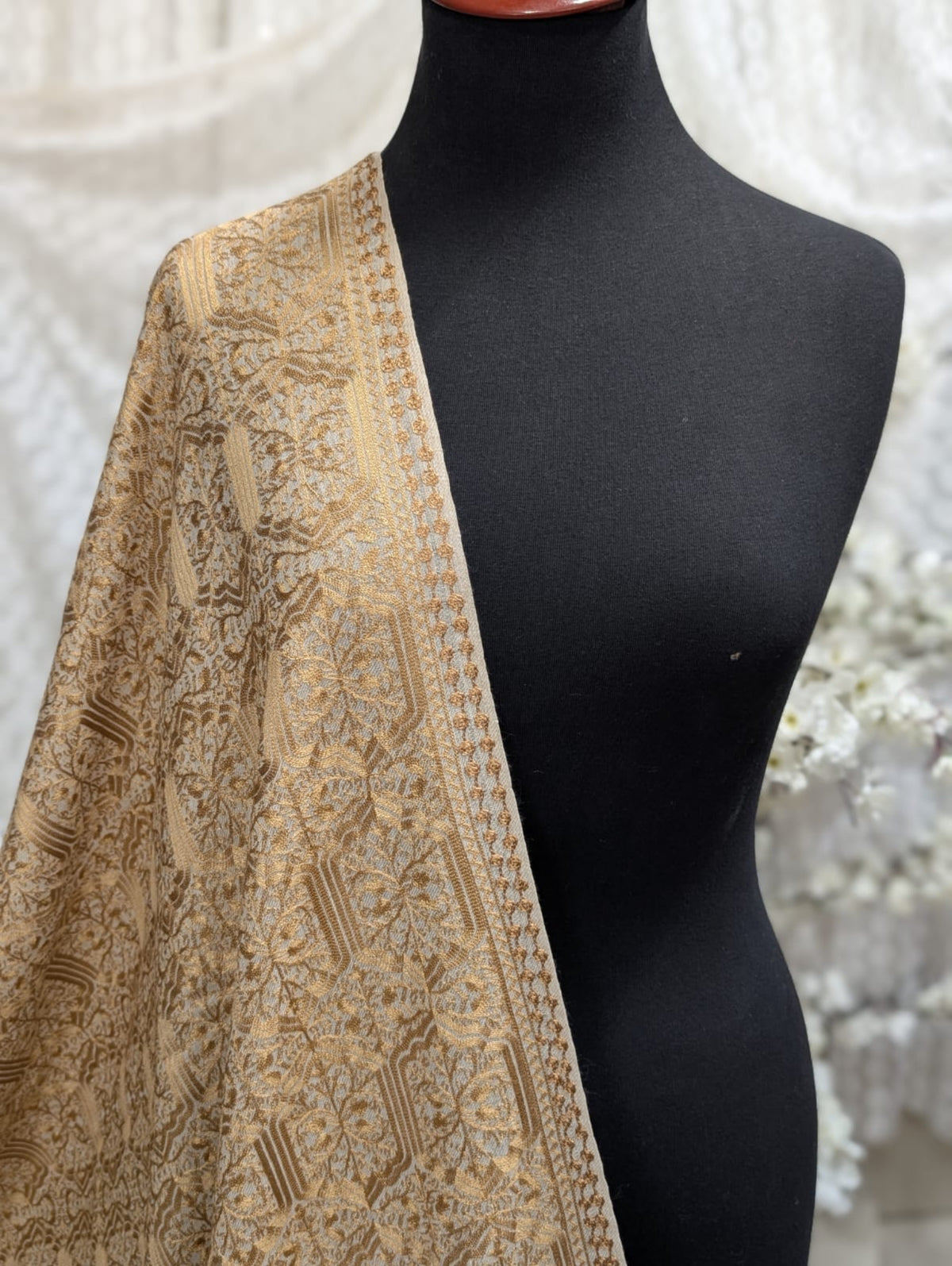 Pashmina Full Embroidered Shawl Nalki Jaal | Golden on Skin